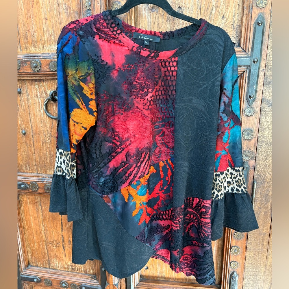 Calessa Vibrant Multicolor Blouse with Black Accents and Scarf EUC LP - Picture 3 of 10